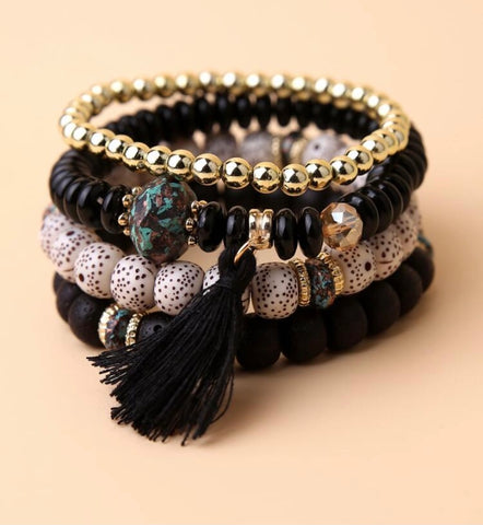 Black tassel beads bracelet set