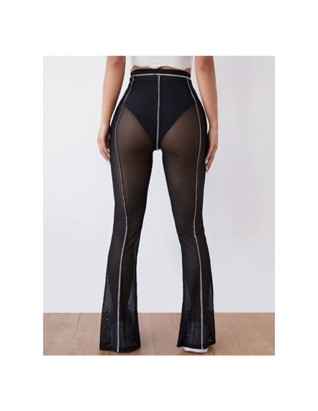 Split Hem Sheer Mesh Pants Without Panties