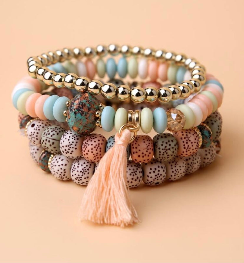 Pink tassel beads bracelet set