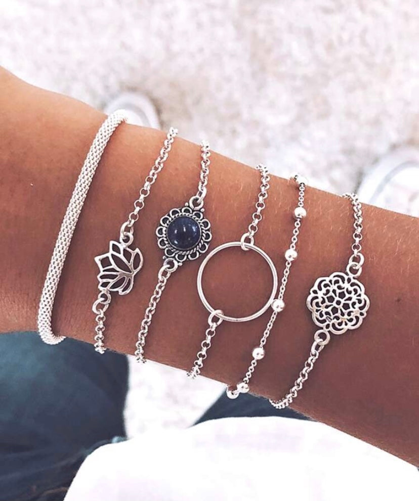 Silver flower bracelet set