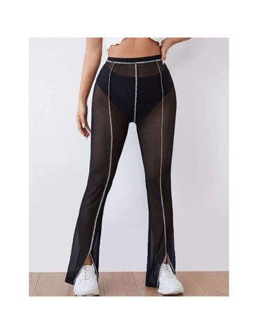 Split Hem Sheer Mesh Pants Without Panties