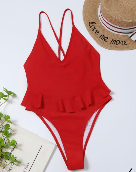 One piece red ruffle swimsuit