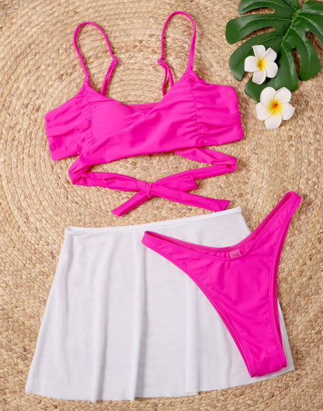 2pcs Pink wrap bikini with skirt