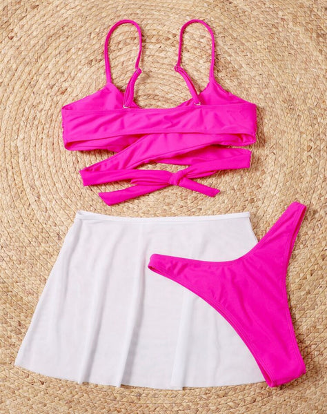 2pcs Pink wrap bikini with skirt